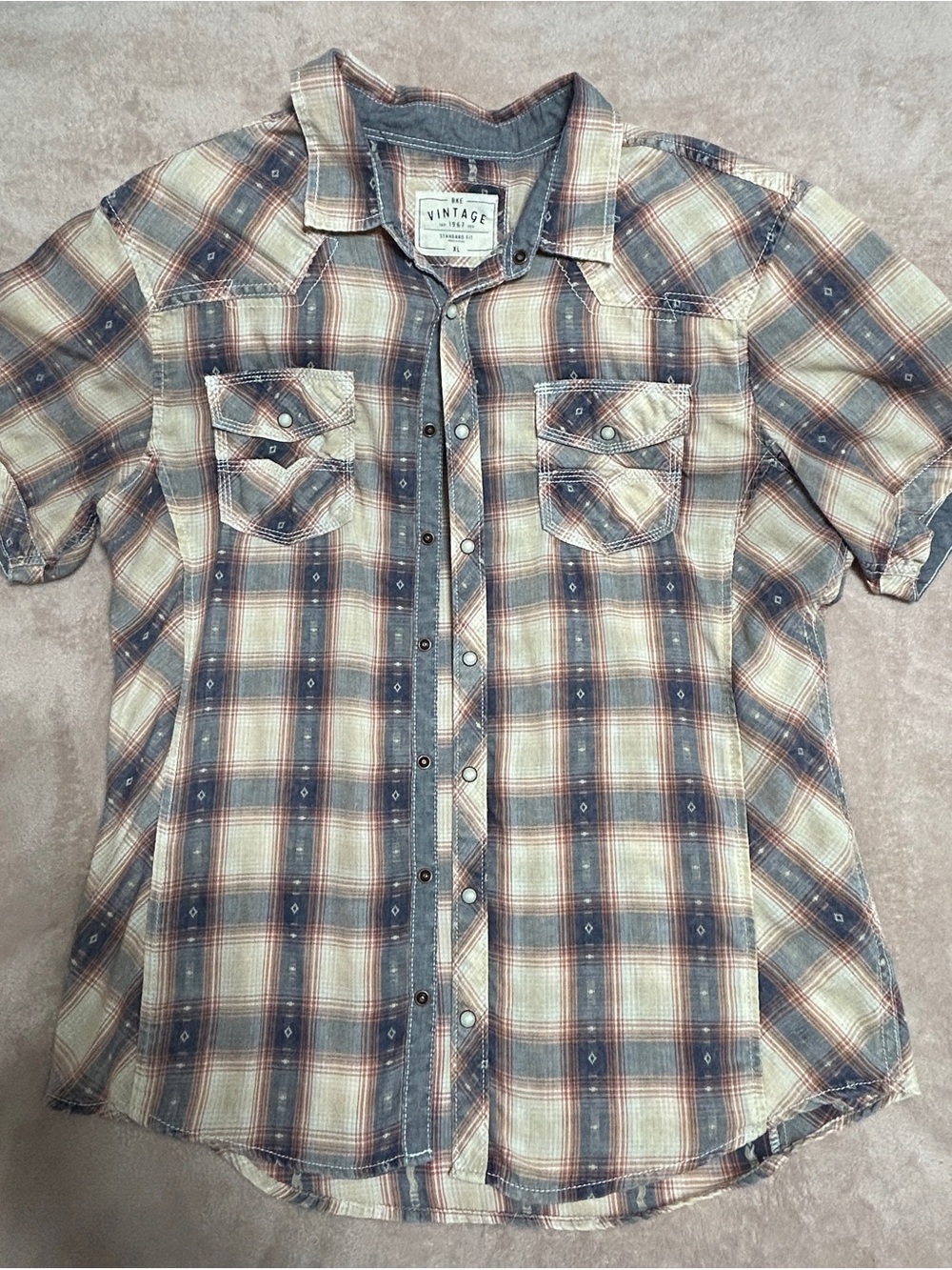 Buckle Short-Sleeve Plaid Button-Down Shirt in Blue, Cream & Brown